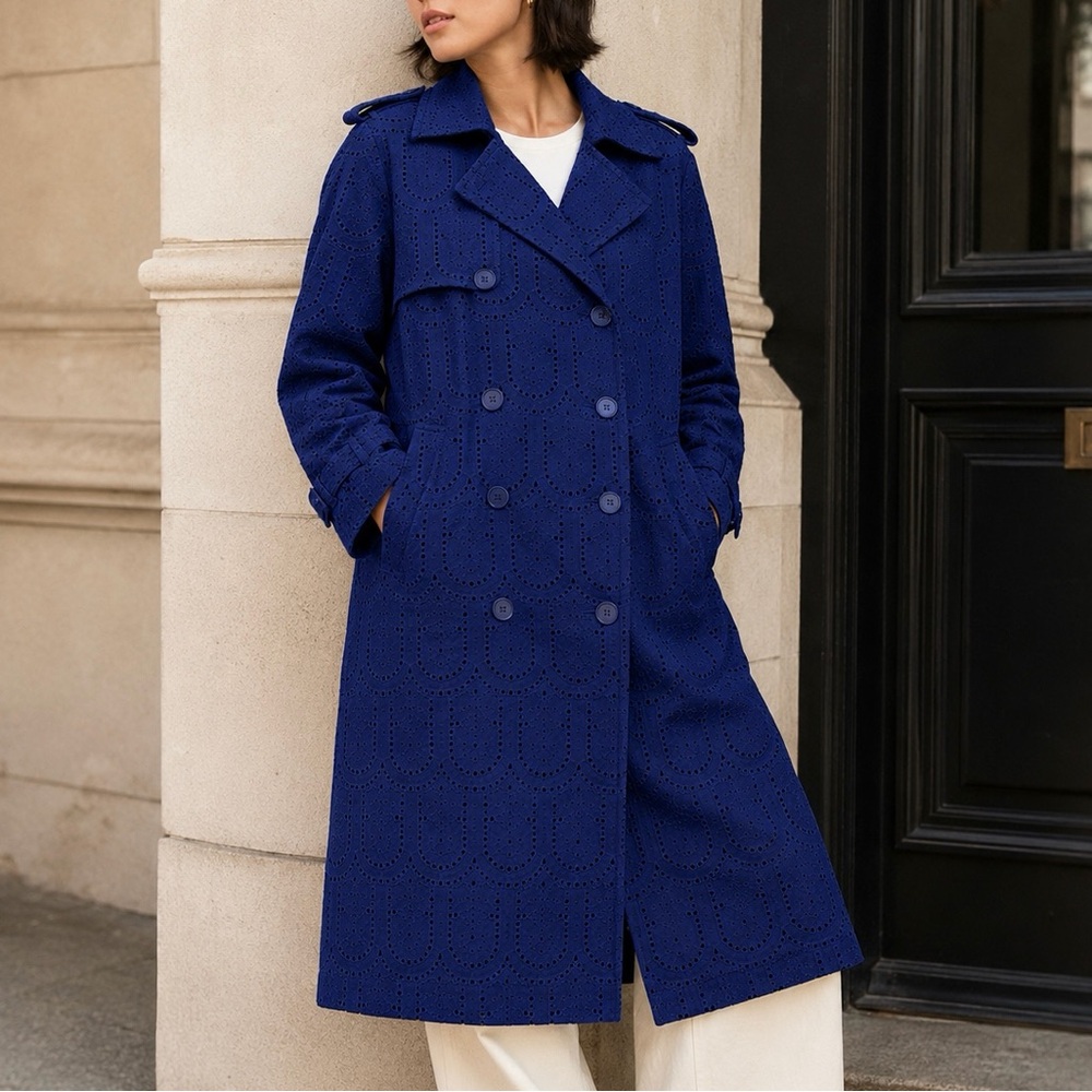 FARM RIO Eyelet Cotton Double-Breasted Trench Coat